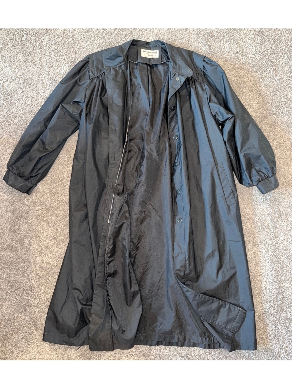 Vintage 80s Weather Wise by Micki Black Raincoat Trench Coat Pleated Shoulders